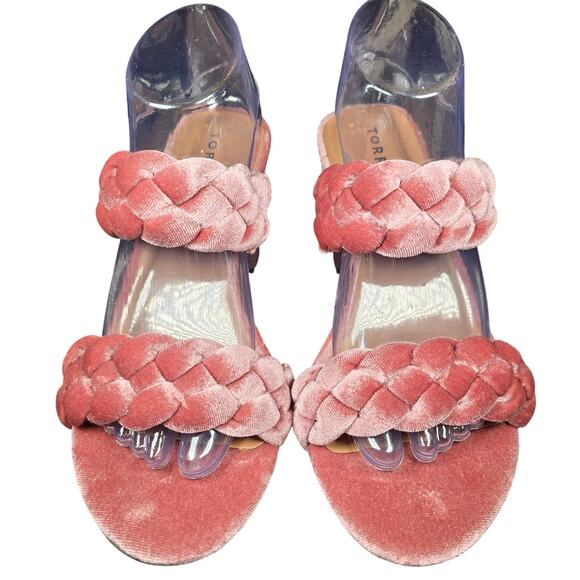 TORRID Pink Chunky Heels Size 8.5 Wide Velvet Braided Heel Sandals Excellent - Picture 2 of 8